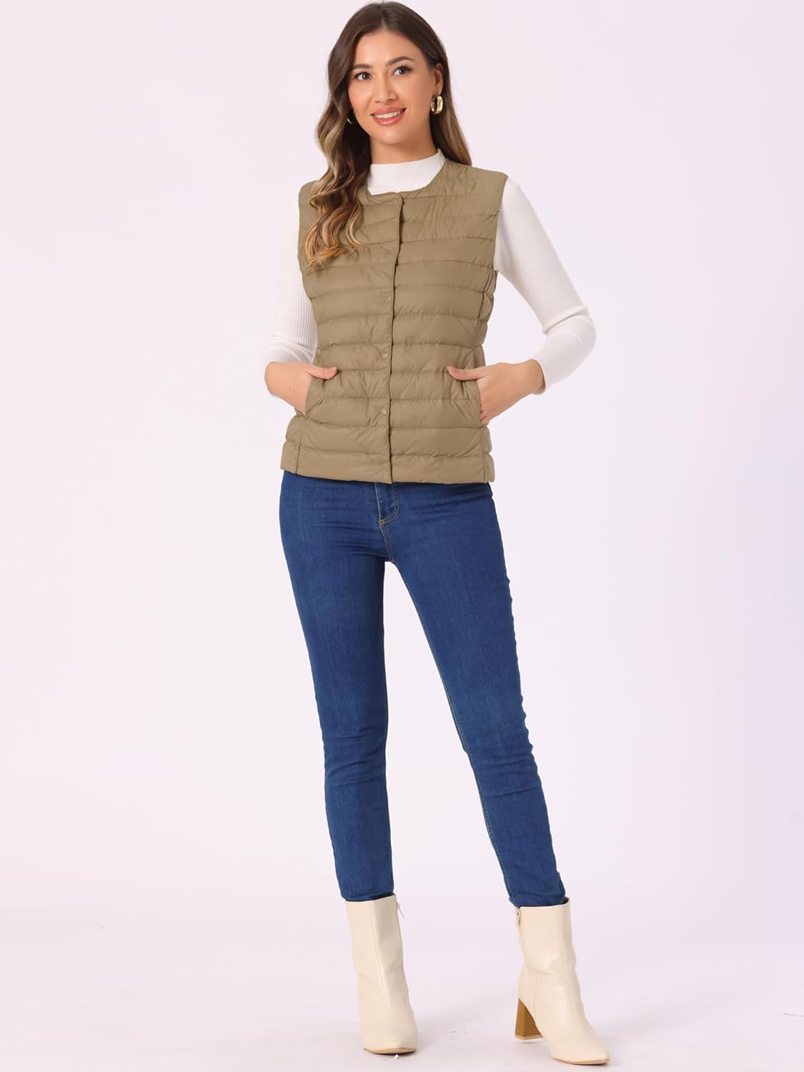 Allegra K Women's Puffer Vest Sleeveless Lightweight Button Up Quilted Round Neck Jacket Coat - Image 3