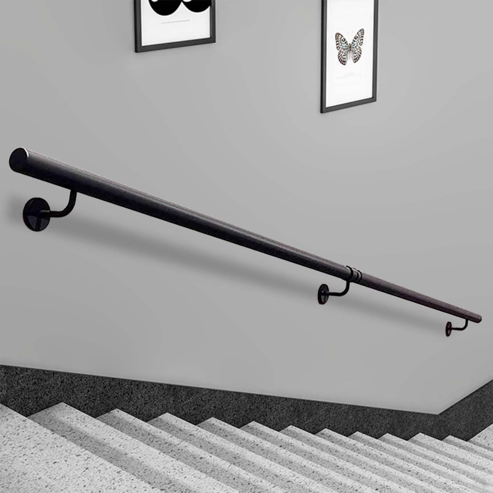 Fkxsxaz Black Metal Handrail, 30Cm-600Cm Stair Rail Indoor Banister Railing Wall Mounted Staircase Balustrade, Round Pipe Non-Slip Outdoor Safety Grab Handle Bar, Complete Kit(9Ft/270Cm)