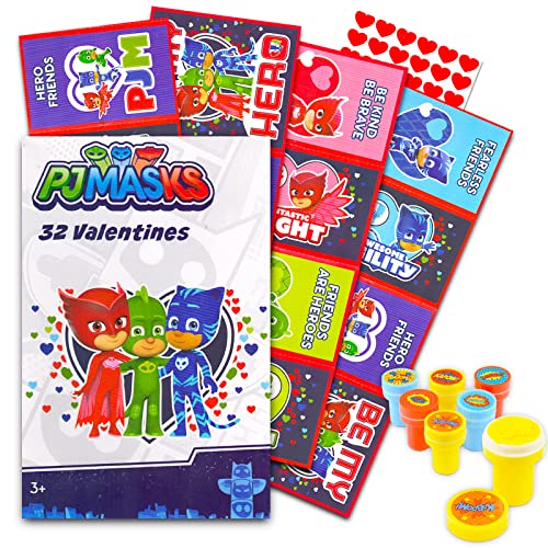 PJ Masks Valentines Day Cards Super Set - Bundle Includes 32 PJ Masks Valentines for Kids Preschool School Kindergarten with Heart Stickers and Superhero Stampers