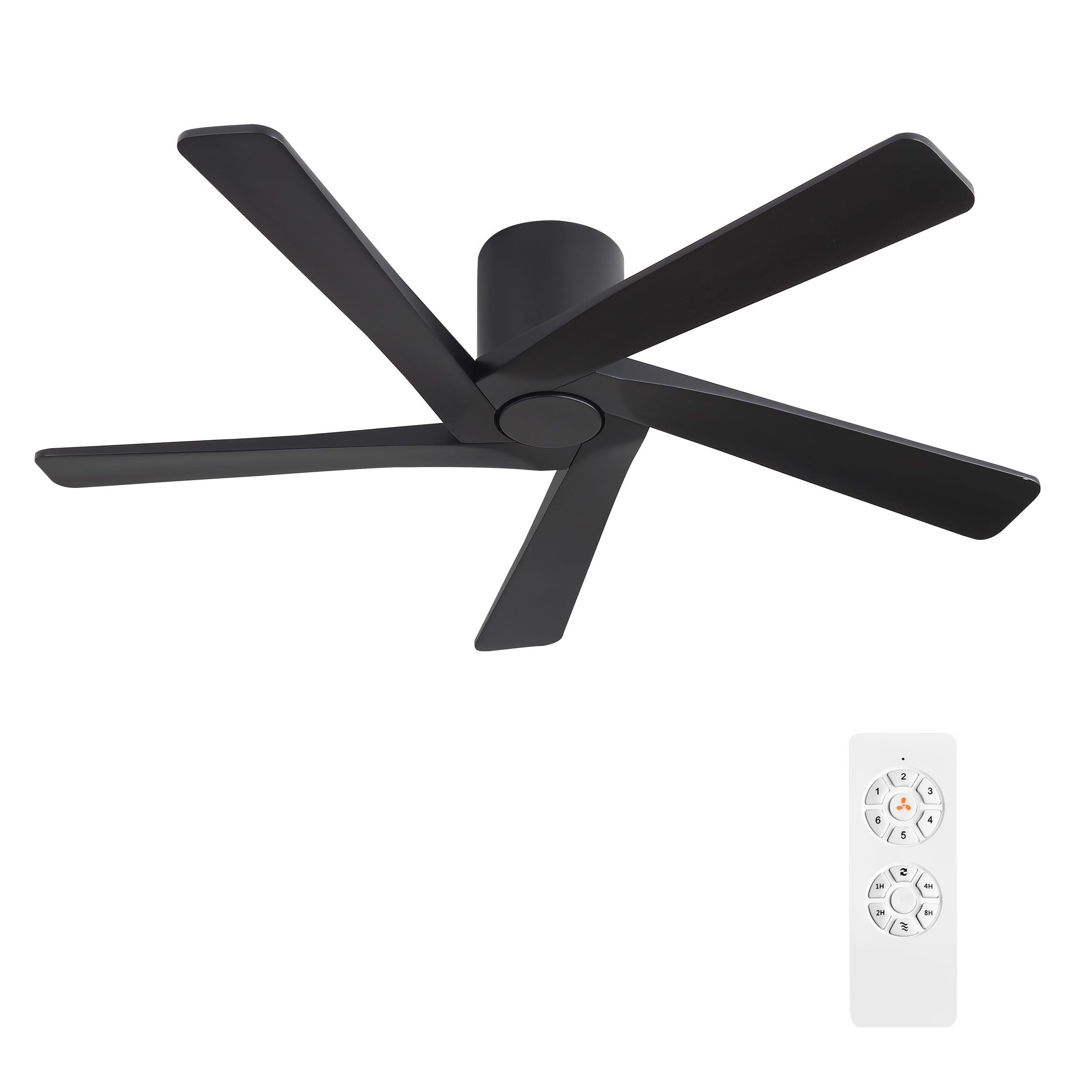 wingbo 54 inch flush mount dc ceiling fans without lights, 5 carved solid wood blades, 6-speed reversible dc motor, low profile hugger ceiling fan no lights for indoor and outdoor, matte black