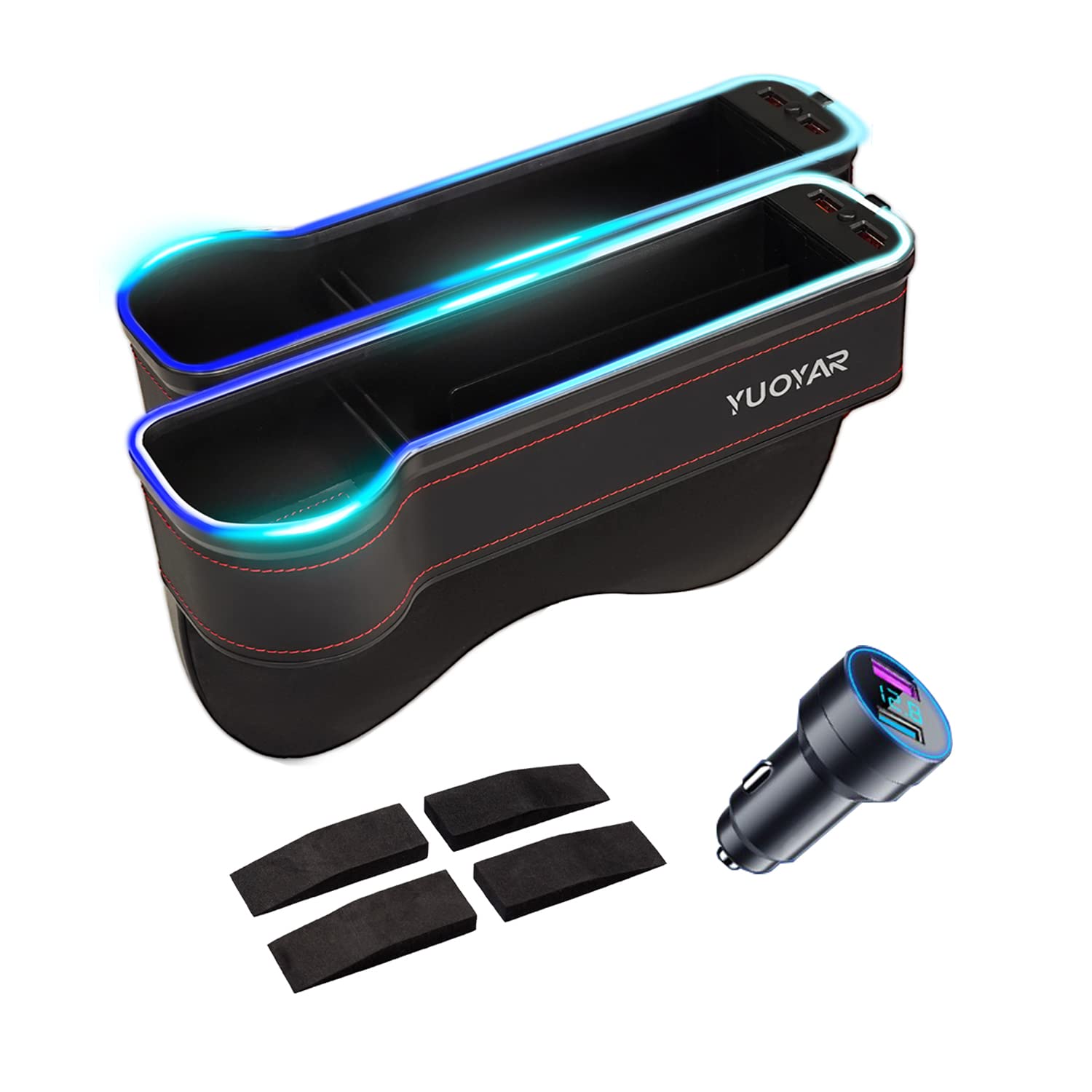 Yuoyar2 Pack LED Light Car Seat Organizer Front Seat - Car Seat Gap Filler Organizer for Drivers - Car Side Seat Gap Filler Organizer Universal Fit with 1 Cigarette Lighter USB Charger(SN-L1)