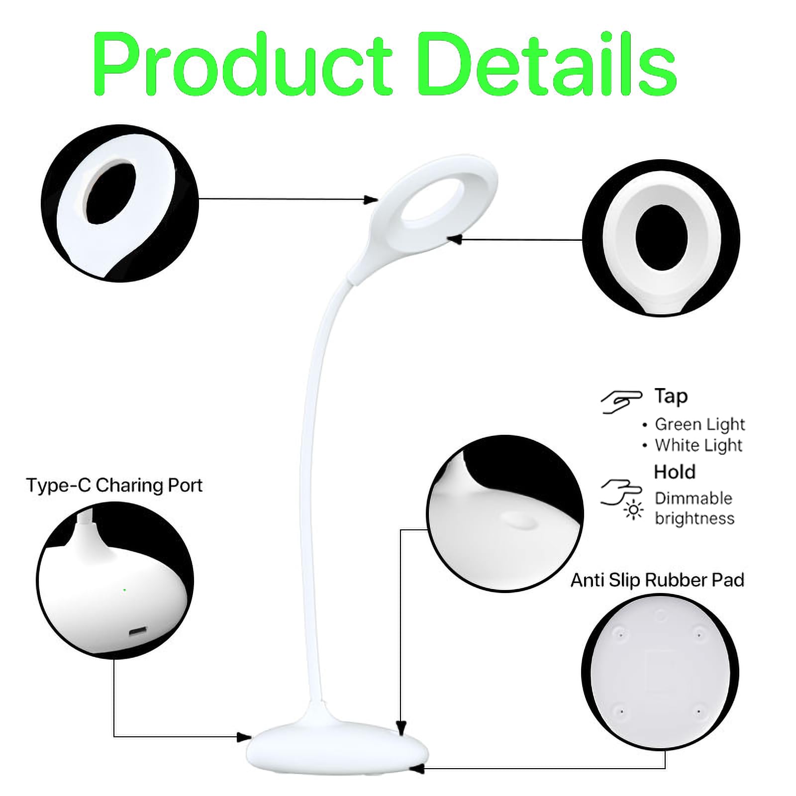 Lampada da lettura a luce verde, 520 nm, lampada terapeutica verde per mal di testa, emicrania, ansia e sonno, senza sfarfallio, ricaricabile USB-C, luminosità regolabile