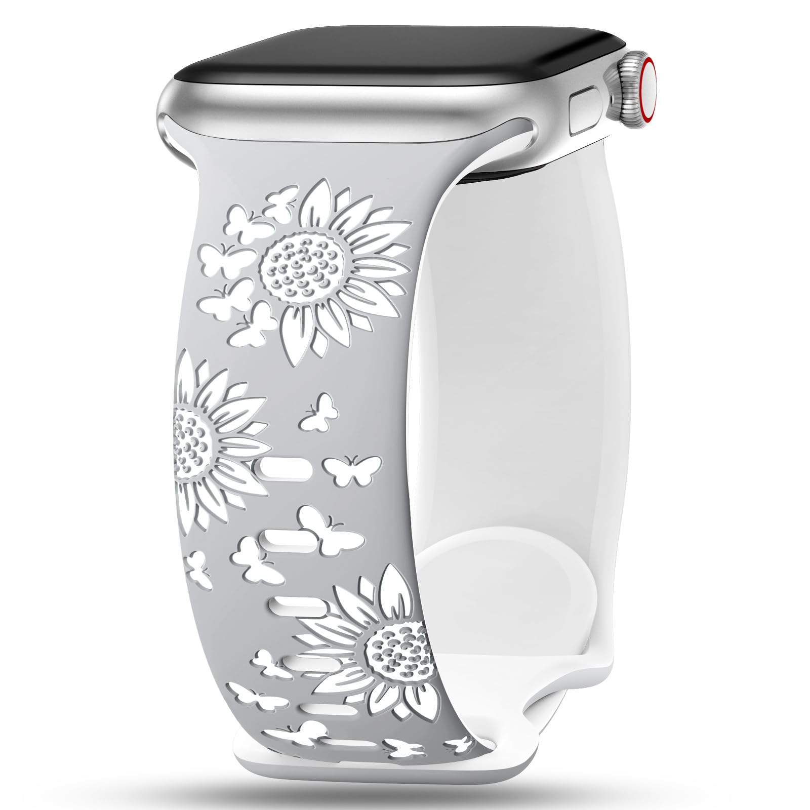 Sunnywoo Floral Engraved Band Compatible with Apple Watch Band 38mm 40mm 41mm 42mm 44mm 45mm 46mm 49mm for Women, Soft Silicone Strap Sunflower Bands