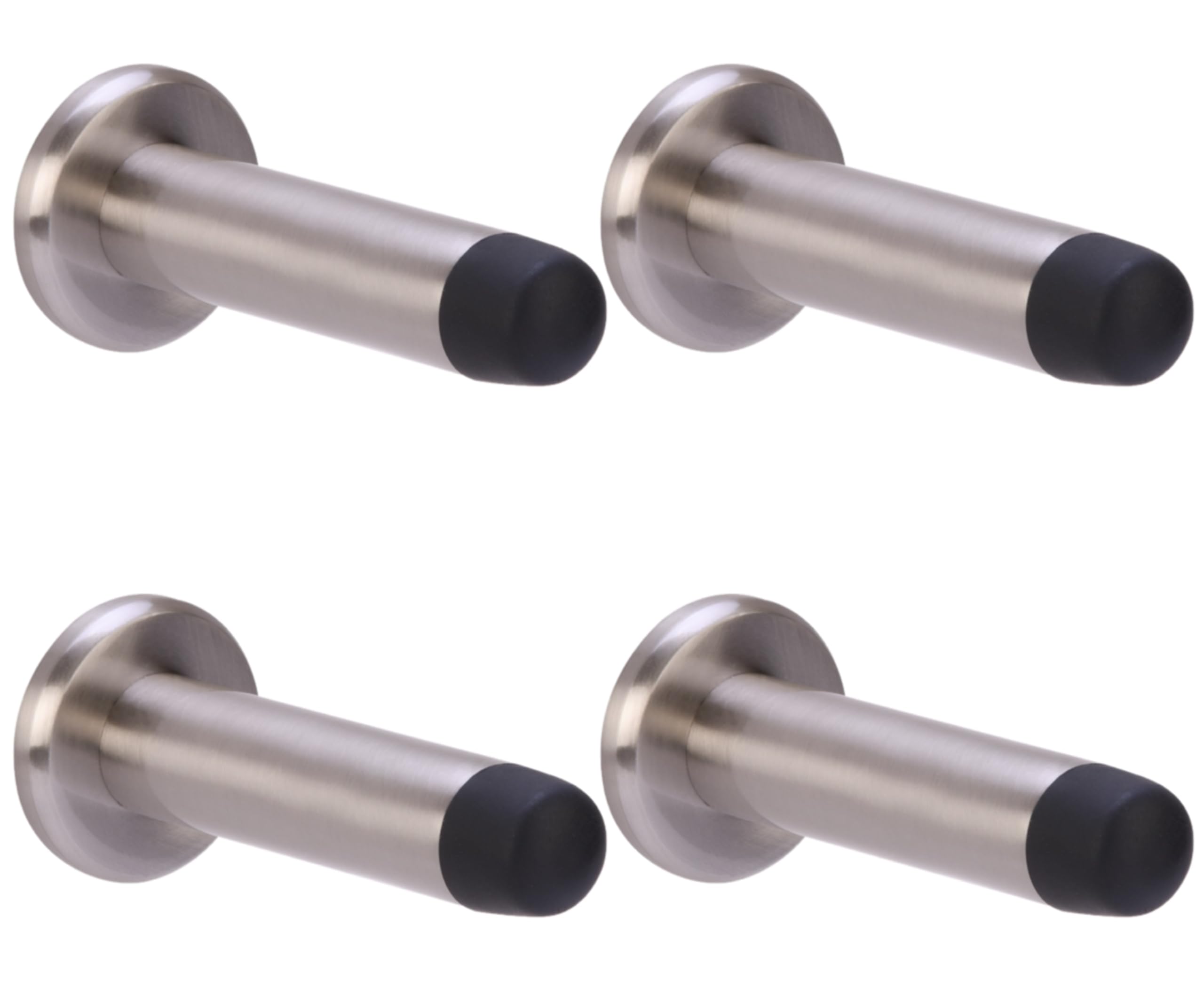 Hunta Satin Nickel Handlezone® 4 Pack 75Mm / 3 Inch Projecting Skirting Or Wall Mounted Door Stop, Concealed Fixing, Rubber Buffer Stopper