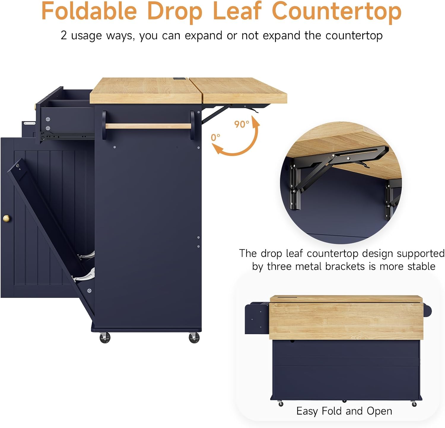 ONBRILL 60" Kitchen Island with Power Outlet & Drop Leaf, Mobile Storage Island with Spice Rack & Towel Rack, 4 Levels, Blue