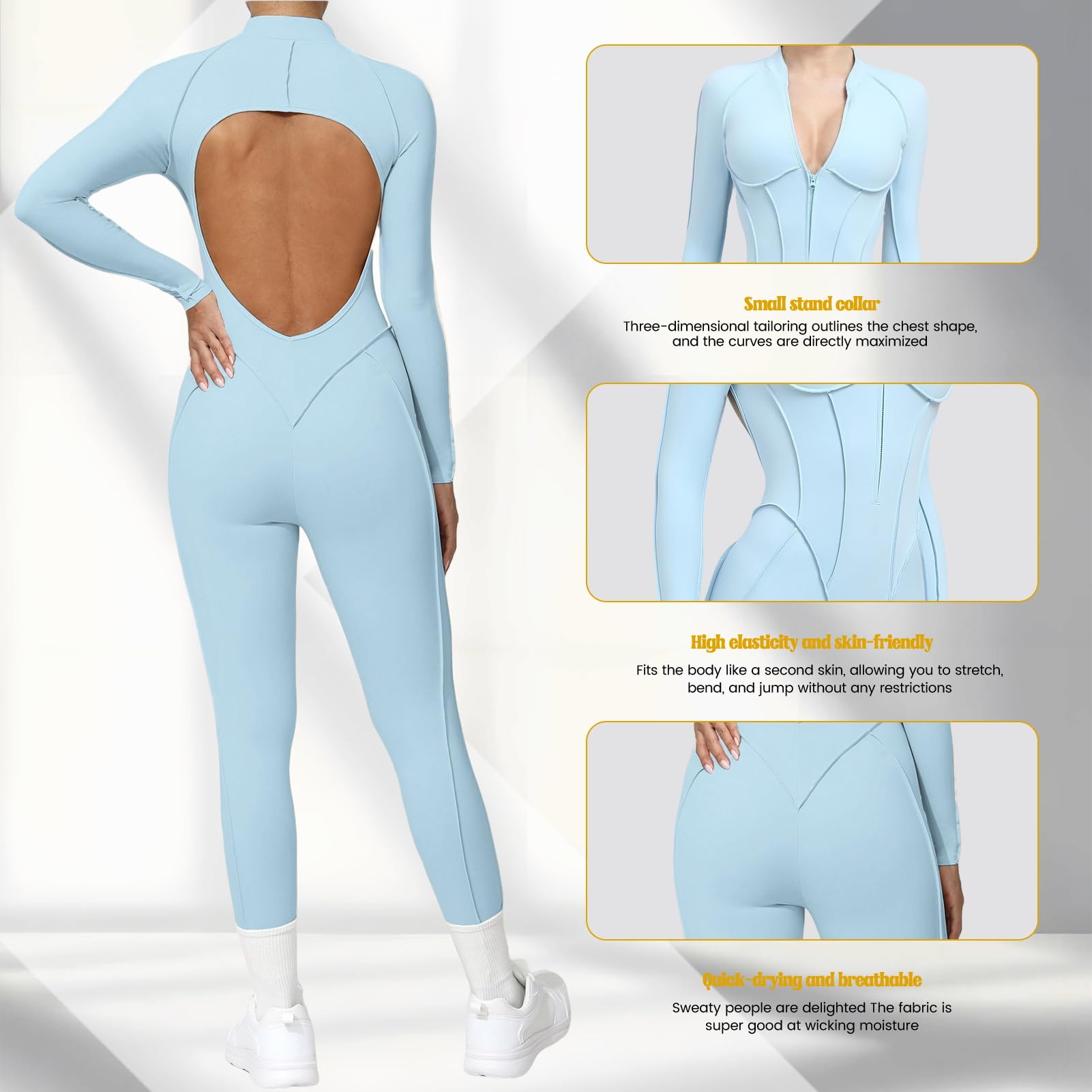 Damen Sport Jumpsuit Lang Eng Yoga Overall Langarm V-Ausschnitt Playsuits Mit Reißverschluss Jogging Strampler Hosenanzug Trainingsanzug