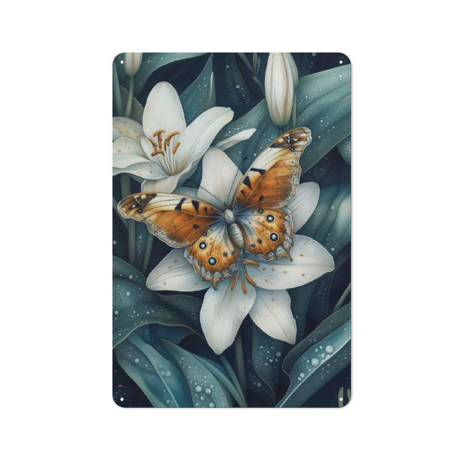 Butterfly On Lily Vintage Metal Wall Decor 30x20cm, Garage Metal Sign for Workshop, Basement, Shed Or Games Room