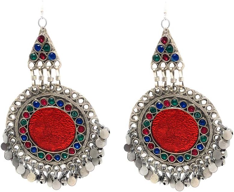 Afghan Tribal Statement Earring Collection for Women, Handmade Vintage Dangle Designs with Multicolor Stones, Tiny Beads, and Oxidized Silver Finish, Shoulder Length, Boho Chic Jewelry