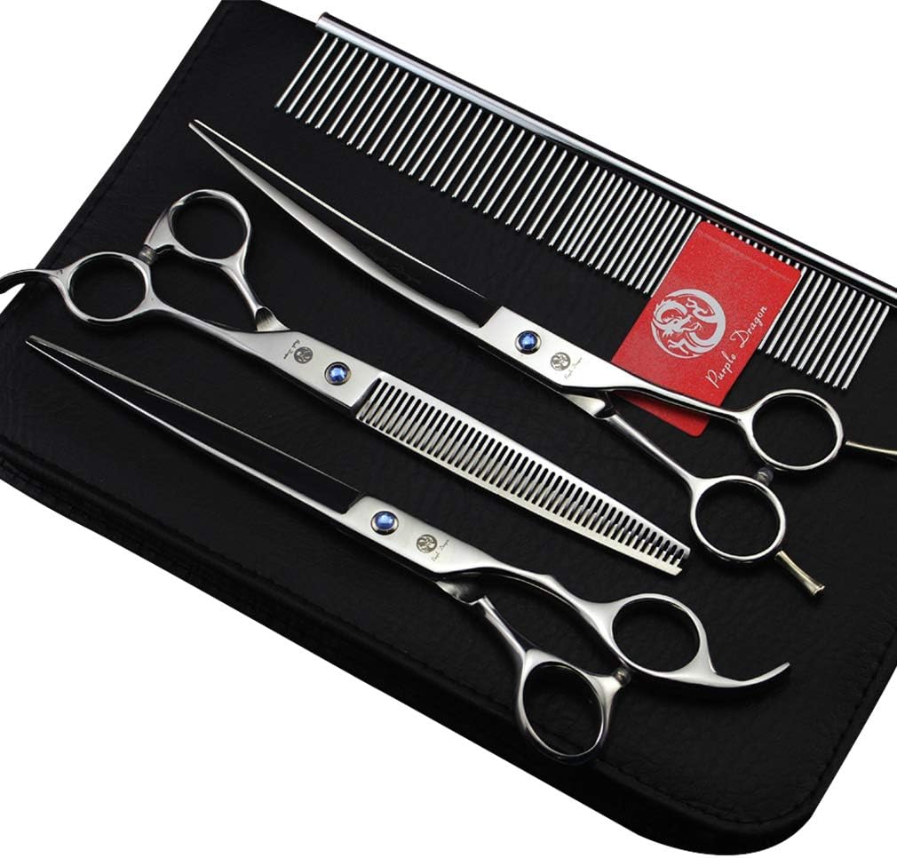 Purple Dragon 8.0 inch Dog Hair Cutting, Curved and Thinning Scissor Shears Pet Grooming Tool Kit