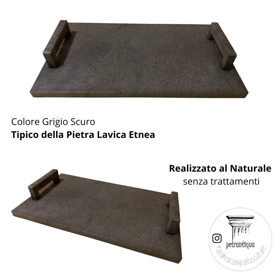 Petrantiqua® Piastra Refrattaria Artigianale Barbecue in Pietra Lavica Etna con Manici Ruvida Ottima per Carne Pesce Verdure Pane e Pizza (60x40 Cm Spessore 2 Cm)