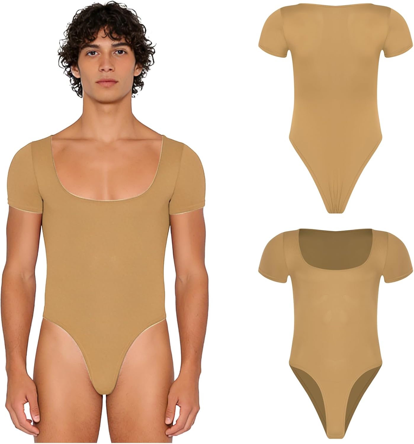 FEESHOW Mens Square Neck Solid Color Bodysuit Long Sleeve Buttoned Crotch Slim-fit Leotard for Yoga
