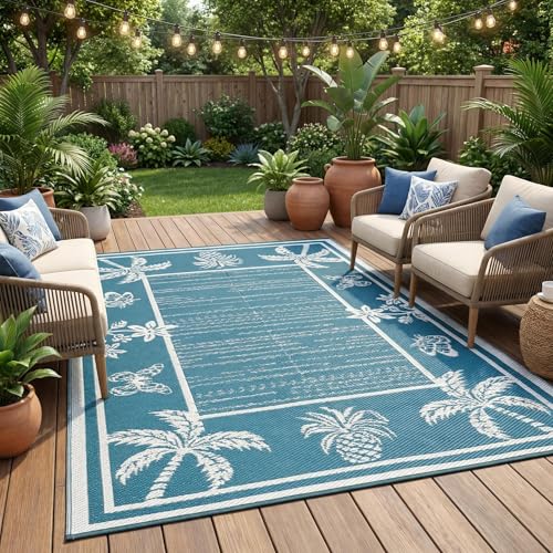 Garvee Outdoor Rug 5x8 Waterproof for Patios Reversible Plastic Straw Rug Tropical Leaf Indoor Outdoor Rugs Large Area Rug for RV Camping Deck Picnic Mat Outside Carpet Blue & White