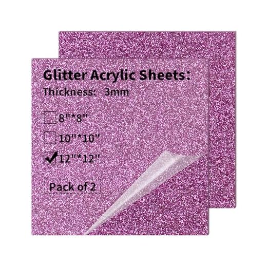 Glitter Acrylic Sheets 12 x 12 inch 1/8" Thick - 2 Pack Plexiglass Acrylic Panels Square Cast Blanks for Creative DIY Projects Laser Tags Cutting Engraving UV Printed Signs - Purple