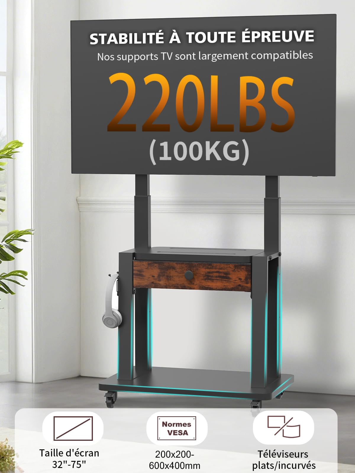 Maiproo Meuble TV sur roulettes avec tiroir en Tissu pour écrans Plats/incurvés de 32 à 75 Pouces, Hauteur réglable, LCD/LED/OLED, avec Espace de Rangement, Chariot TV Mobile sur Roues jusqu'à 100 kg