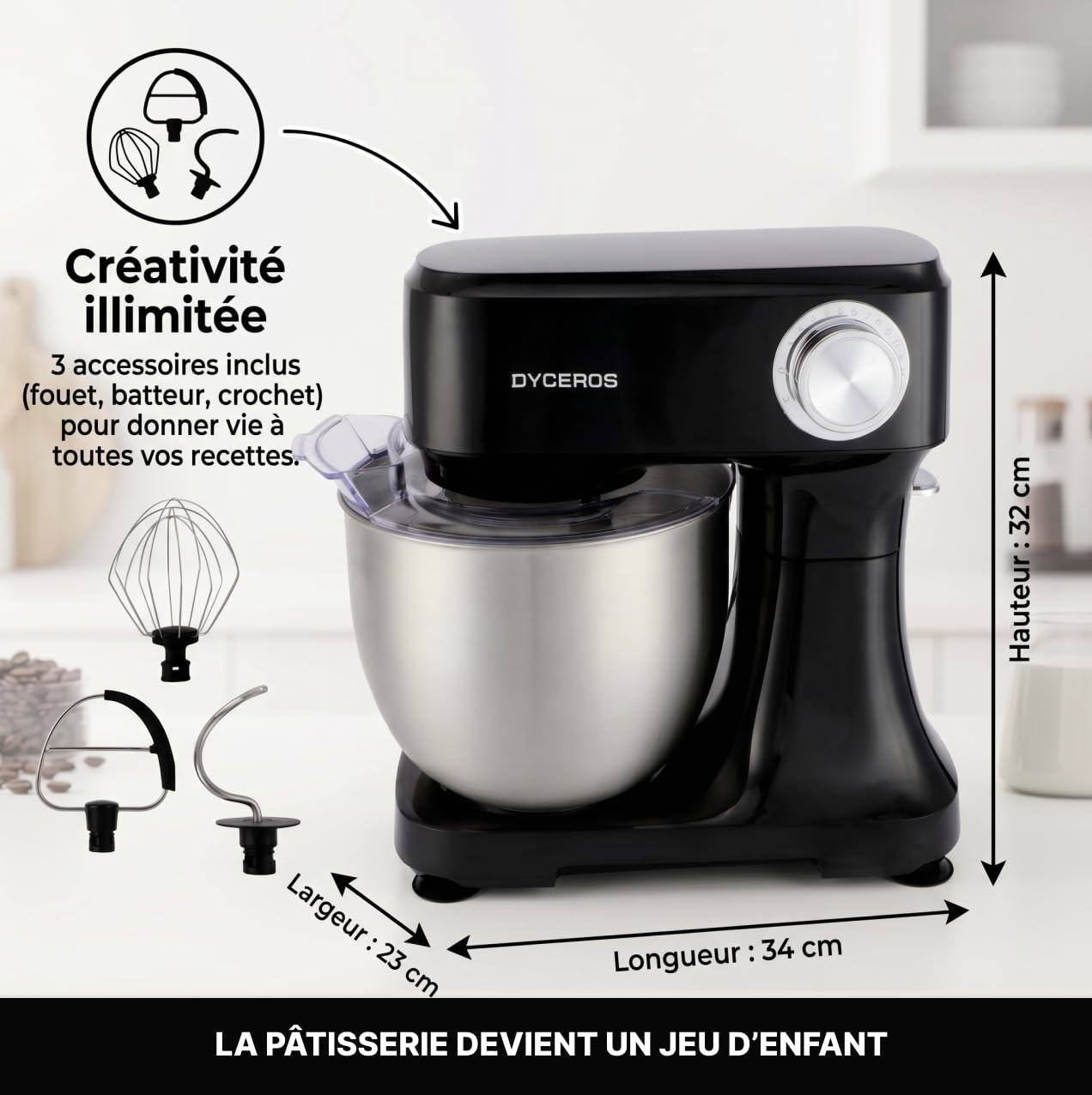 Robot pâtissier Dyceros Impastia 800W | Bol en acier inoxydable 5 L, 6 vitesses + turbo – Kit pâtisserie inclus
