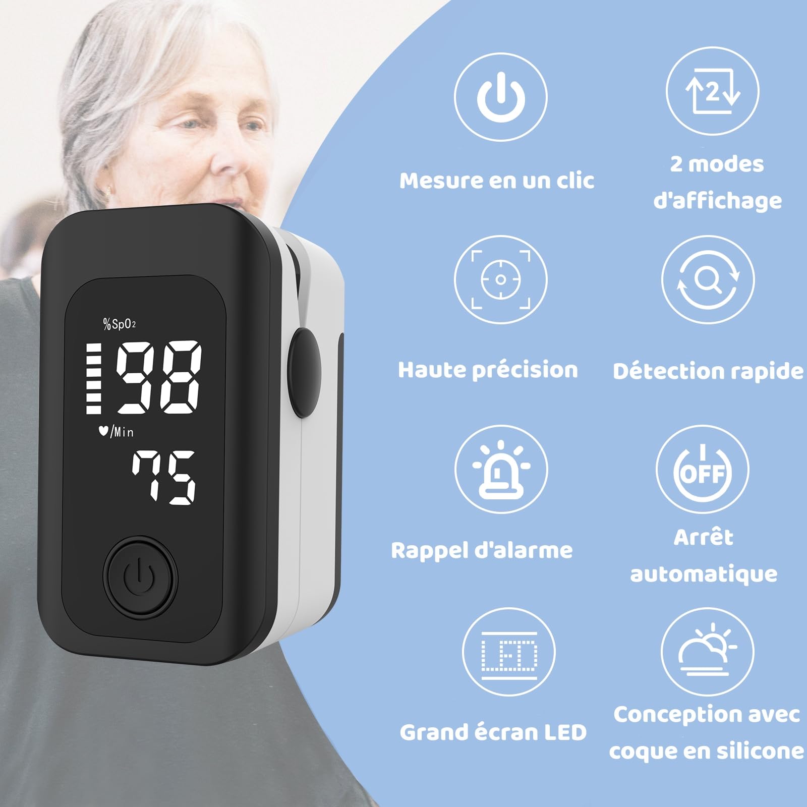 Pulsioximetro de Dedo Profesional Berrcom Oxímetro de pulso Medición precisa de la Saturación de Oxígeno en Sangre con función de alarma, Pantalla OLED para todos las personas con cordón