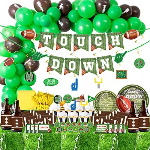DMIGHT Football Party Supplies, 178 Pcs Set - Balloon, Plate, Cake Toppers, Napkin, Bottle Label, Sticker, Sign, Swirl Decoration, Banner, Tablecloth