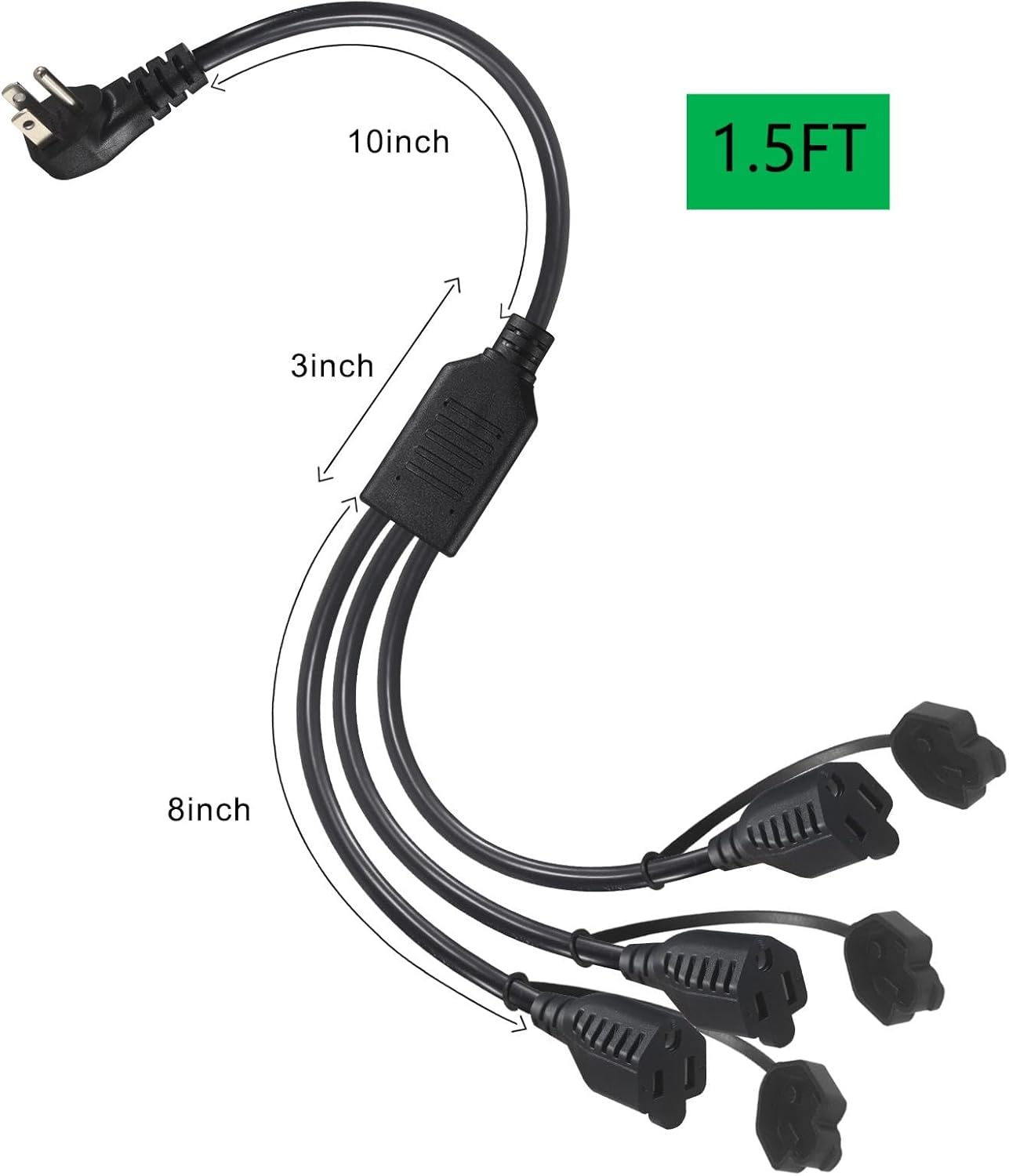 18 Inch 1 to 3 Way Power Splitter Extension Cord - 1.5FT 3-Outlet Power Splitter 90-Degree Flat Plug NEMA 5-15P 1 to 3 Splitter NEMA 5-15R SJTW 16AWG 3Prong Indoor Oudoor Black AC Grounded Power Cord