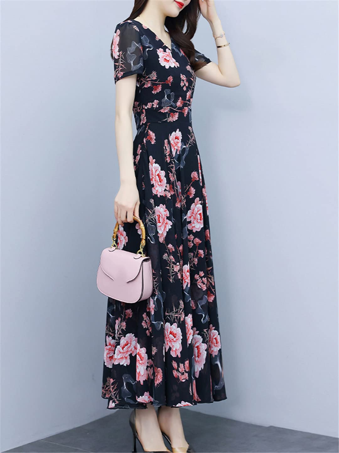 Suwequest Abito lungo in chiffon per feste, vacanze estive, da donna, alla moda, floreale, elegante, chic, formale