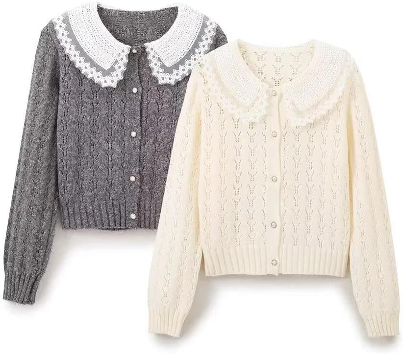 Women's Casual Peter Pan Collar Long Sleeve Loose Fit Single Breasted Cardigan Sweater