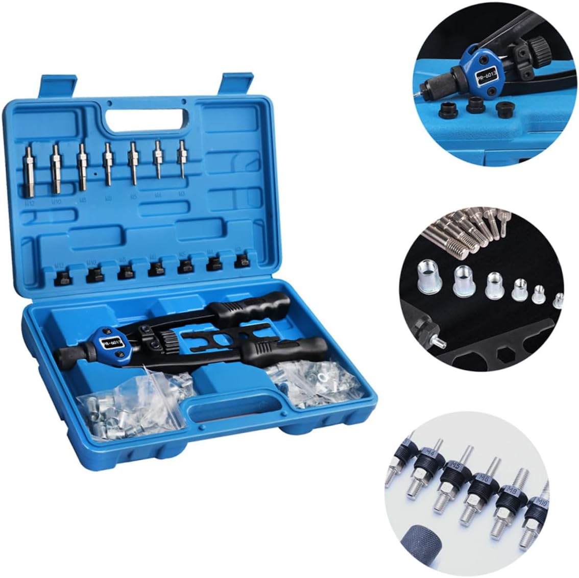140pcs Manual Hand Rivet Nut Tool Kit with M3-m10 Threaded Rivet Nuts, Heavy Duty Riveter Setter for Automotive and Industrial Use, Portable Plastic Case