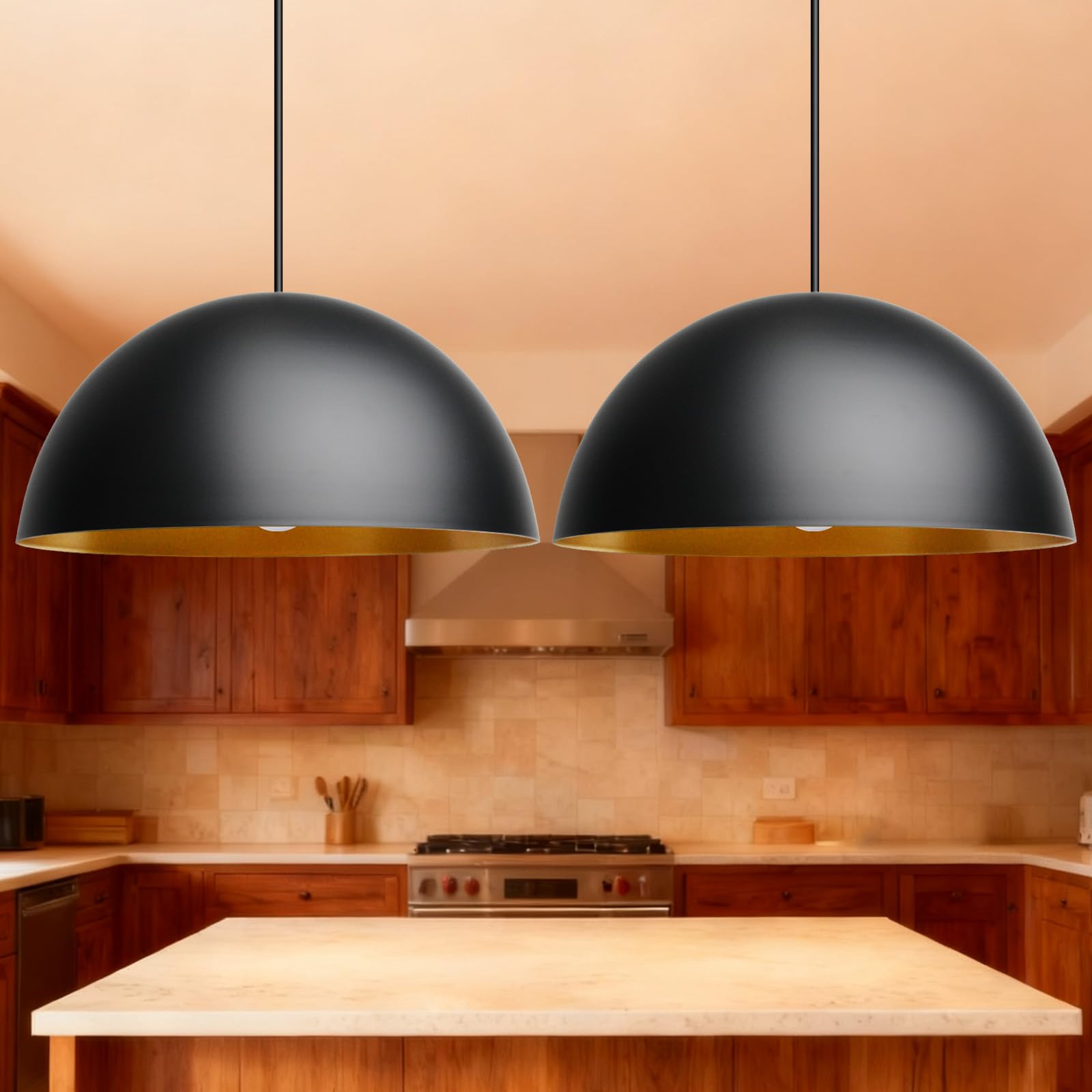 Ø40cm Pendelleuchte Schwarz Gold E27 Sockel Industrial Hängelampe Modern Hängeleuchte Hängelampen Deckenlampe Hängend Vintage Bauernhaus Metall Deckenleuchte für Küche 2 Stück
