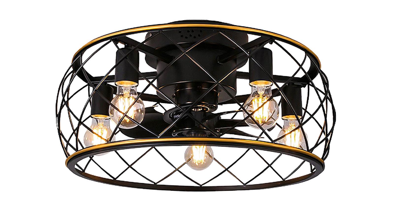 Ohniyou Caged Ceiling Fan with Lights and Remote, 20'' Flush Mount Low Profile Farmhouse Ceiling Fan with Light Fixture for Kitchen Bedroom, Black & Gold