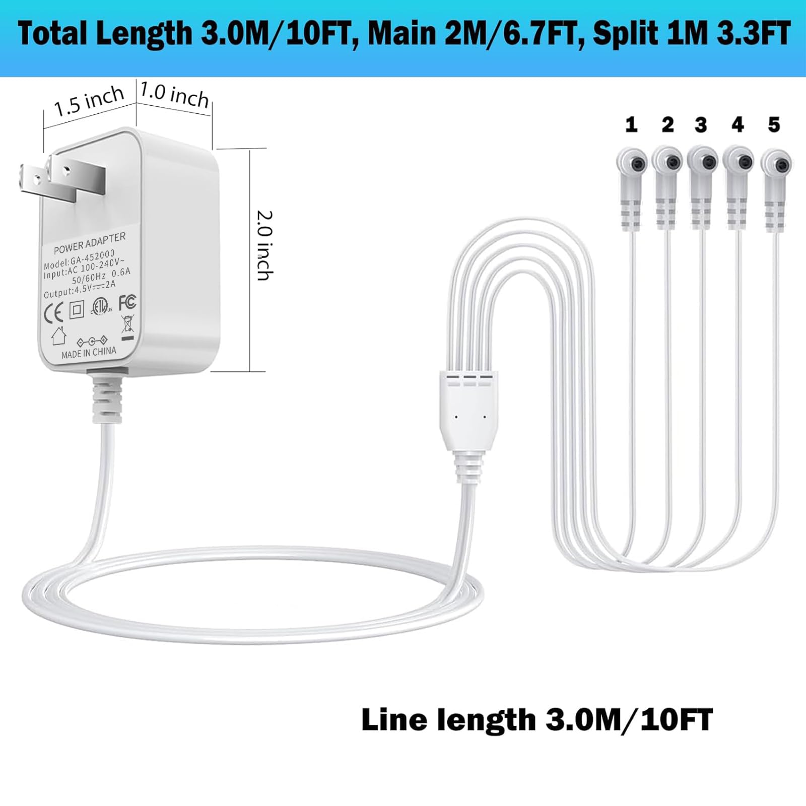 Repuesto de 5 salidas para Lemax 94563 adaptador de corriente de conmutación de 4.5 voltios compatible con Lemax Lighted Village 74707 74295 84428 44242 94565 94566 94527 94563 94564 44241 64563 17 74