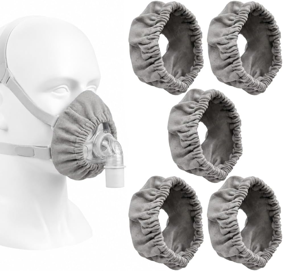 5Pcs CPAP Mask Liners, Soft Reusable Face Cushion Covers for Sleep Apnea, Elastic Fabric Pads to Reduce Air Leaks and Red Marks, Universal Fit for Most Full Face Masks (Grey)