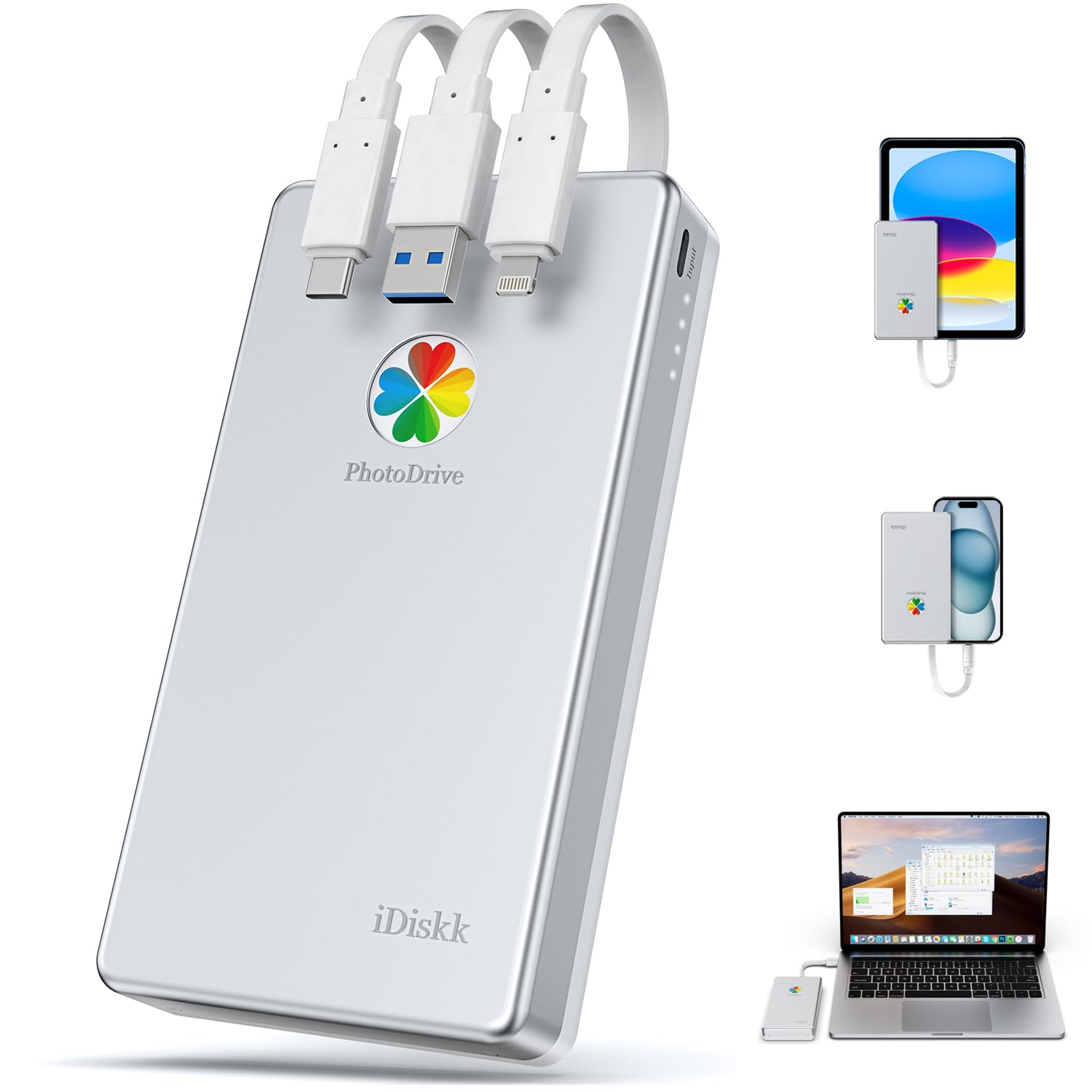 iDiskk 2TB (2000GB) Zewnętrzny dysk twardy iPhone z łącznikiem lightning, certyfikat MFi 3 w 1 wbudowany kabel*3 Przenośny dysk twardy, dysk twardy USB-C dla najnowszych iPhone/iPad/Mac/PC i urządzeń