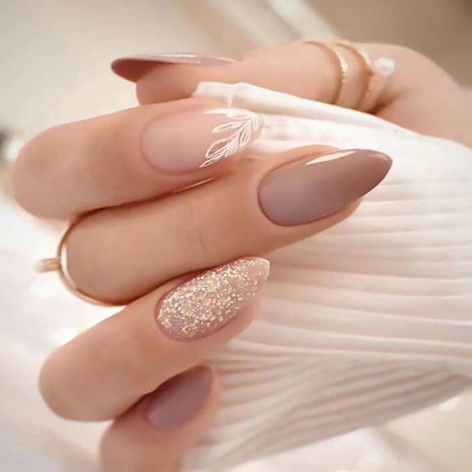 Nails Nude Fake Nail With Leaf Designs