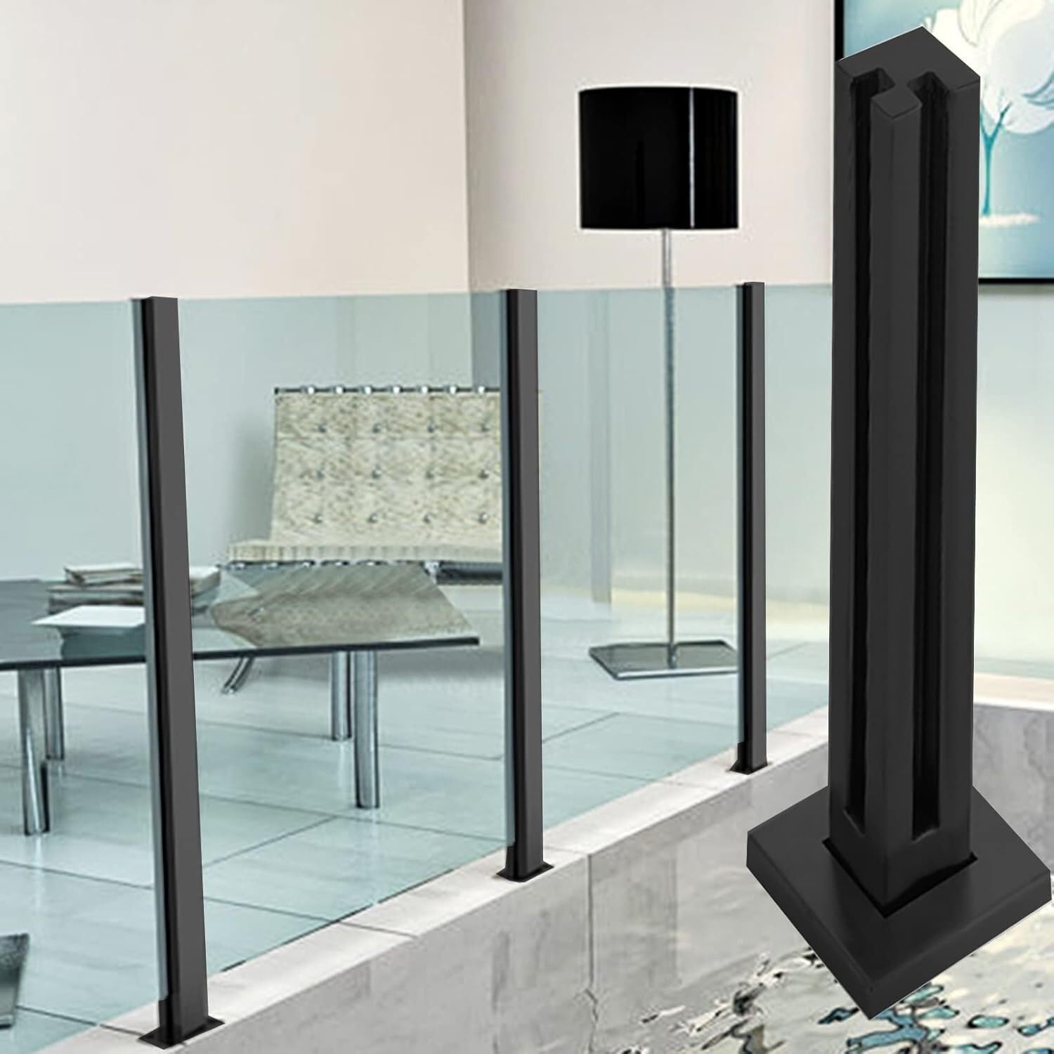 Glaszaun-Befestigungsstange, Glasgeländerpfosten, schwarz, Edelstahl, quadratisches Glas-Baluster-System für Deck/Treppen/Stufen (Endpfosten, 105 cm)