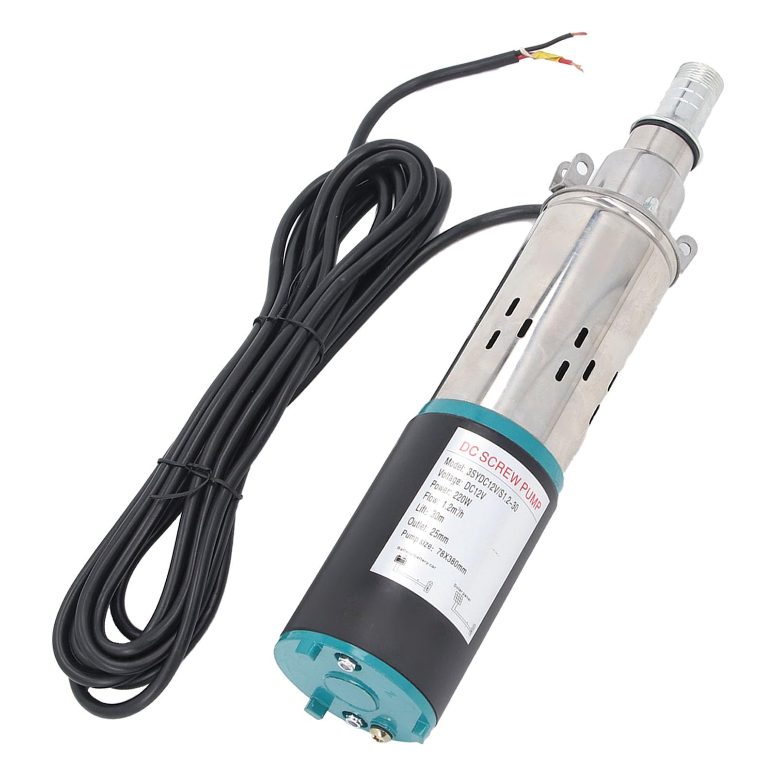 FILFEEL Bomba de Tornillo Sumergible de Acero Inoxidable de 12 V CC - Velocidad de 0,2 M³/H, Bomba de Pozo Profundo con Cabezal de 30 M para Riego con Energía Solar/batería, Vehículos Recreativos,