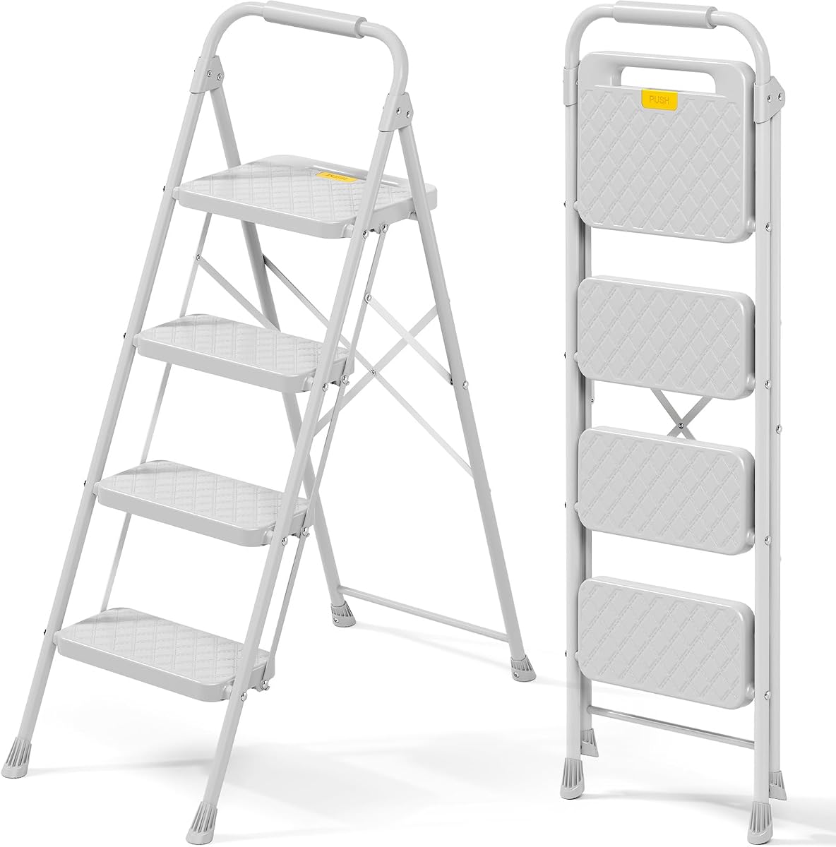 4 Step Ladder, Folding Step Stool with Safety Lock & Sturdy Anti-Slip Pedals, Pass 800lbs Load Testing, Lightweight, Portable Steel Ladder with Handrails for Home, Kitchen, Garage, Office