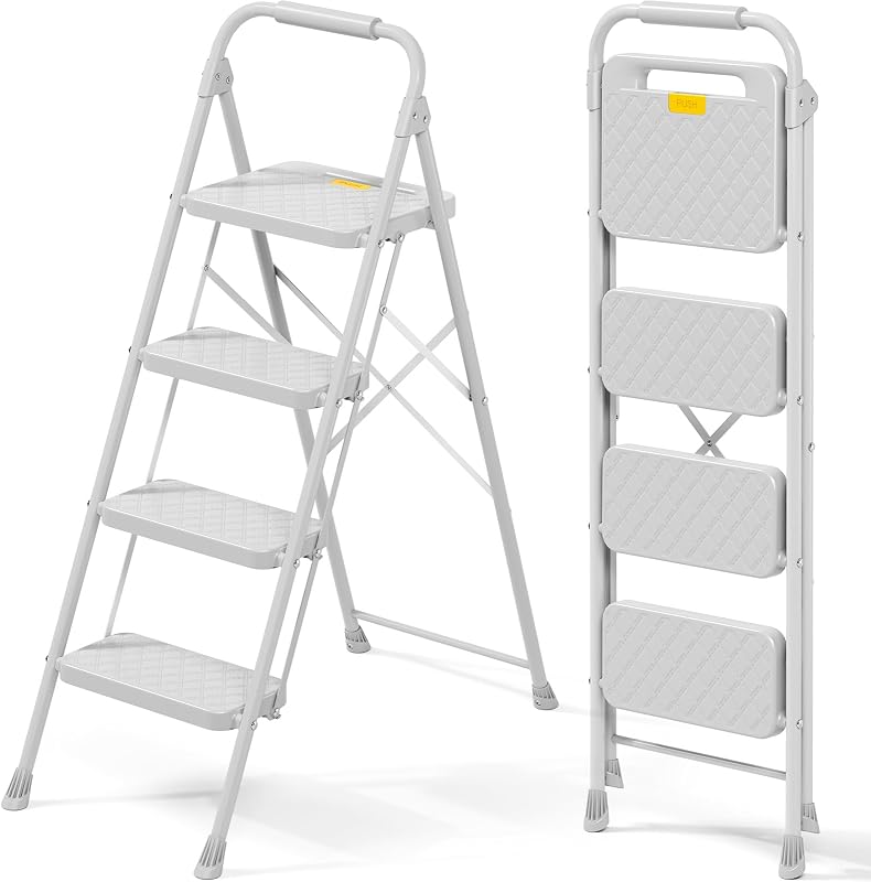 4 Step Ladder, Folding Step Stool with Safety Lock & Sturdy Anti-Slip Pedals, Pass 800lbs Load Testing, Lightweight, Portable Steel Ladder with Handrails for Home, Kitchen, Garage, Office