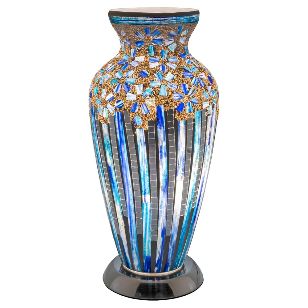 Britalia Blue Art Deco Flower Mosaic Glass Vintage Vase Table Lamp with Chrome Base | 38cm Height | 1 x E27 Bulb Required | Study - Bedroom - Lounge - Living Room | Desk Light | Inline Switch