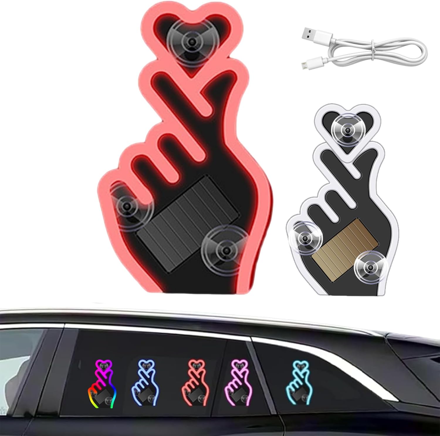 Solar-Powered Finger Heart Car Window Light, Solar Powered Wireless Led Heart Shape C-Pillar Neon Light, USB-C Rechargeable with Suction Cup, Neon Love Atmosphere Lights (5PCS)