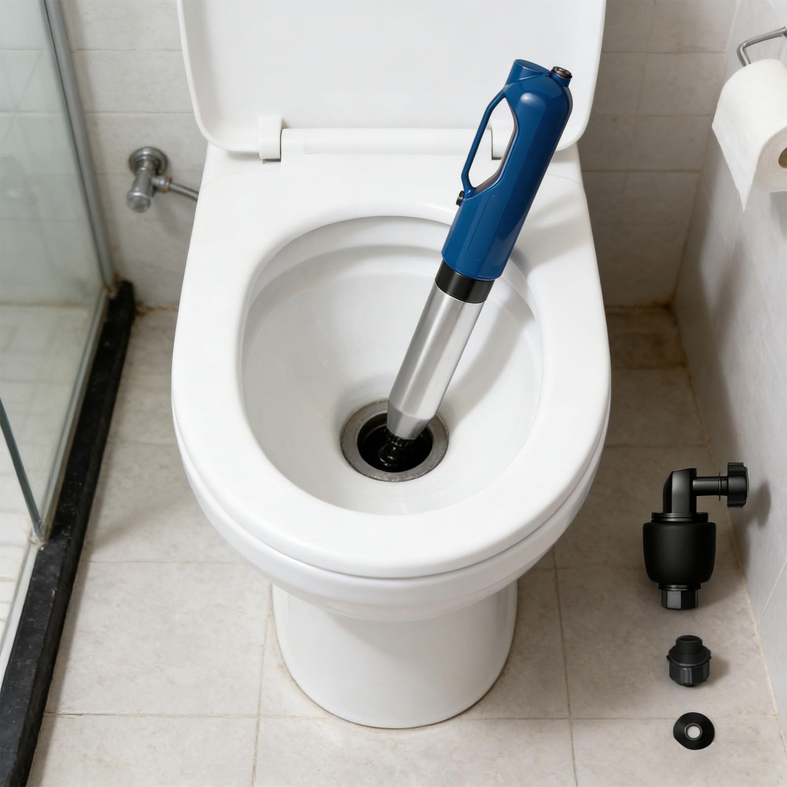 Déboucheur de toilettes robuste en acier inoxydable avec affichage de la pression active pour un retrait rapide des blocages Piston ventilateur intégré