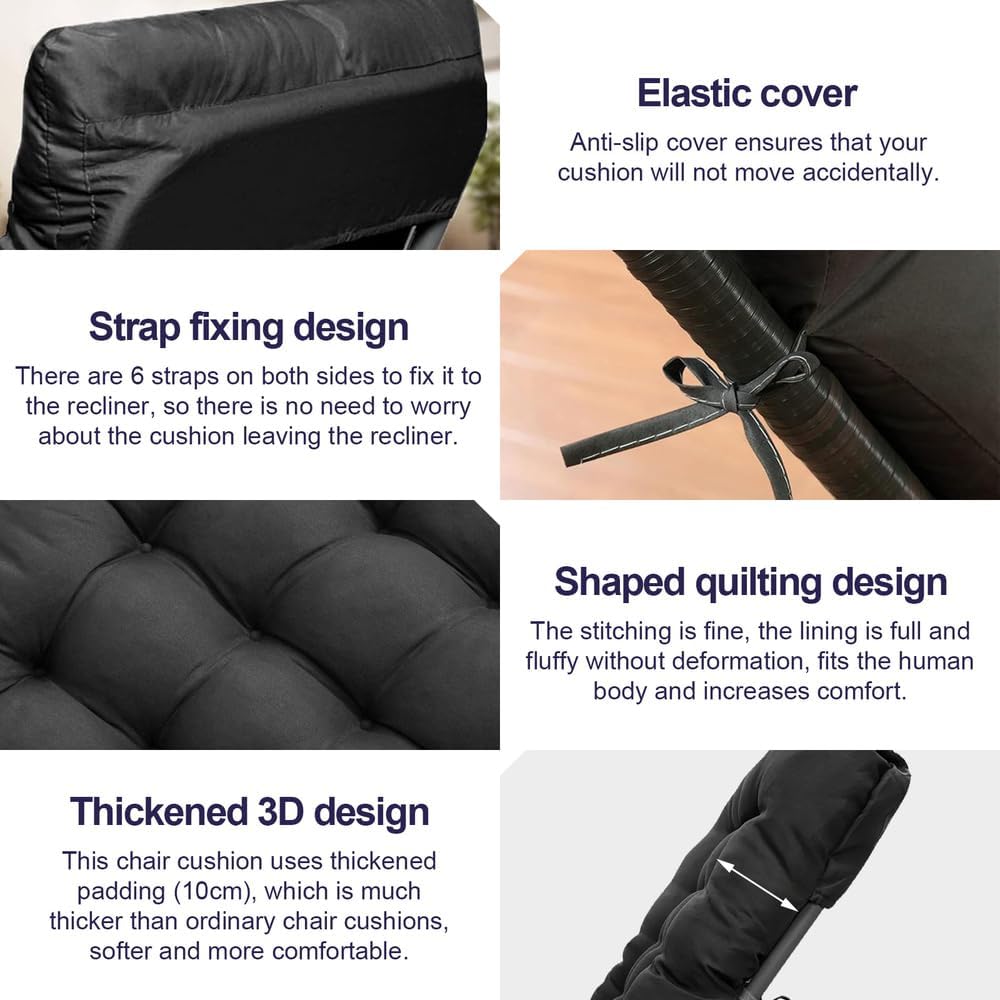 Black Polyester Chaise Lounger Cushion for Outdoor Recliners