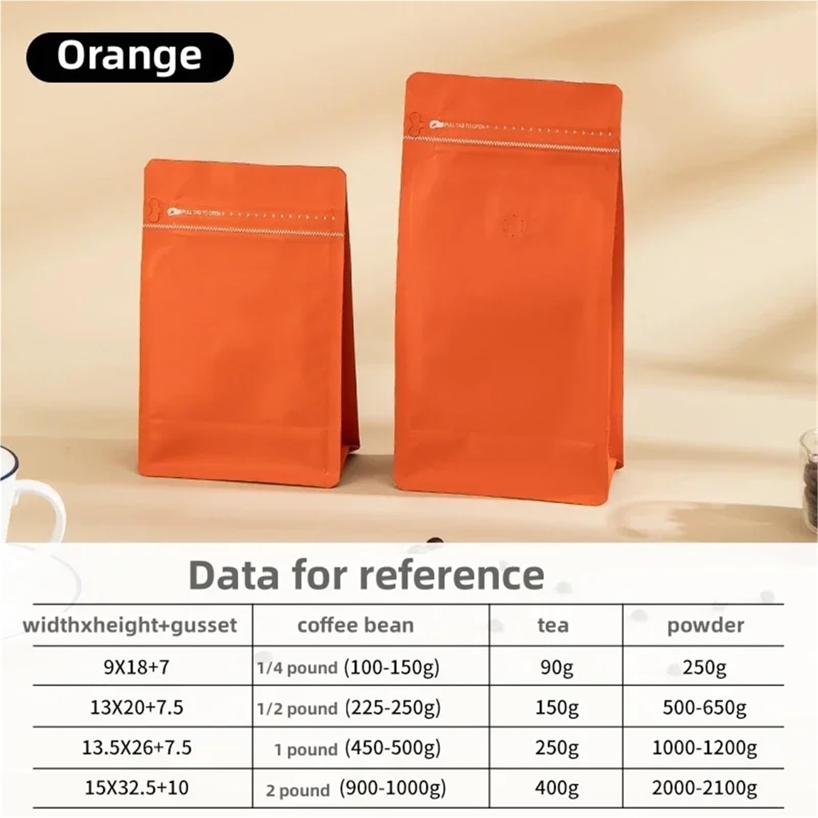 Bolsas de café con válvula, 50 unidades, bolsas de embalaje de café al por mayor con válvula, 125 g, 250 g, 500 g, 1 kg, papel de aluminio naranja, refuerzo lateral para granos de alimentos (naranja