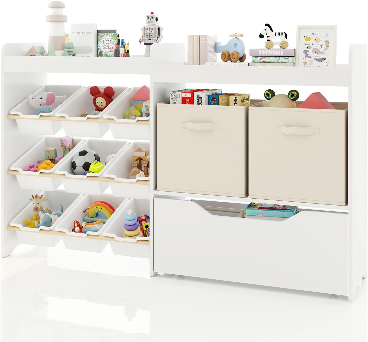 JOYLDIAS Toy Storage Organizer for Kids, 4 Tier Bookshelf w/9 Box Bins Toy Organizers, 2 Open Cubbies & Storage Bins, Movable Drawer, Hidden Wheels for Kids Age 3-12 for Nursery, Playroom, Classroom