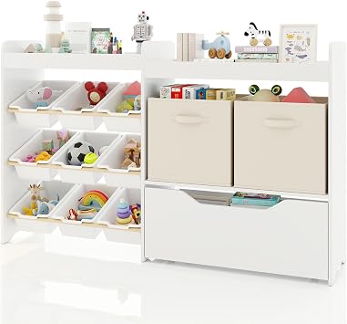 JOYLDIAS Toy Storage Organizer for Kids, 4 Tier Bookshelf w/9 Box Bins Toy Organizers, 2 Open Cubbies & Storage Bins, Movable Drawer, Hidden Wheels for Kids Age 3-12 for Nursery, Playroom, Classroom