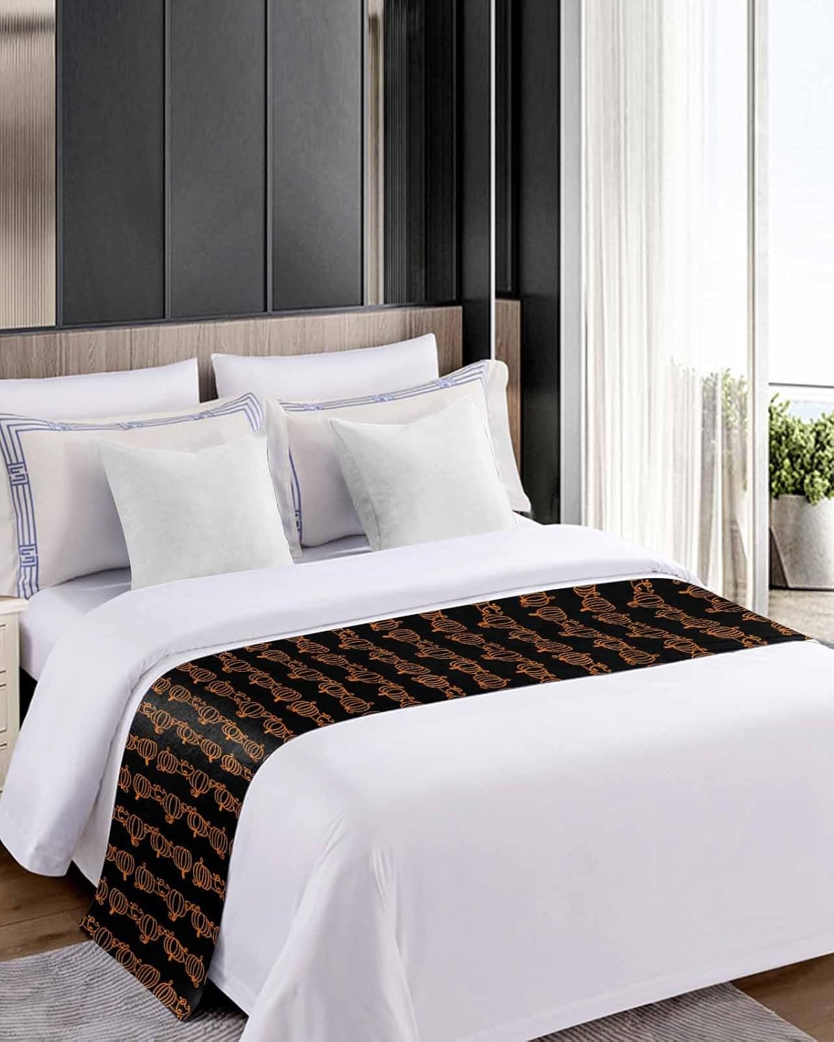 Thanksgiving Bed Runner Scarf Thanksgiving Hand Drawn Pumpkin Beige Texture Bedding Scarf Decorative Bed Runners Cover for Home Bedroom Hotel Wedding Room Bed Scarf for Foot of Bed King 102x20in