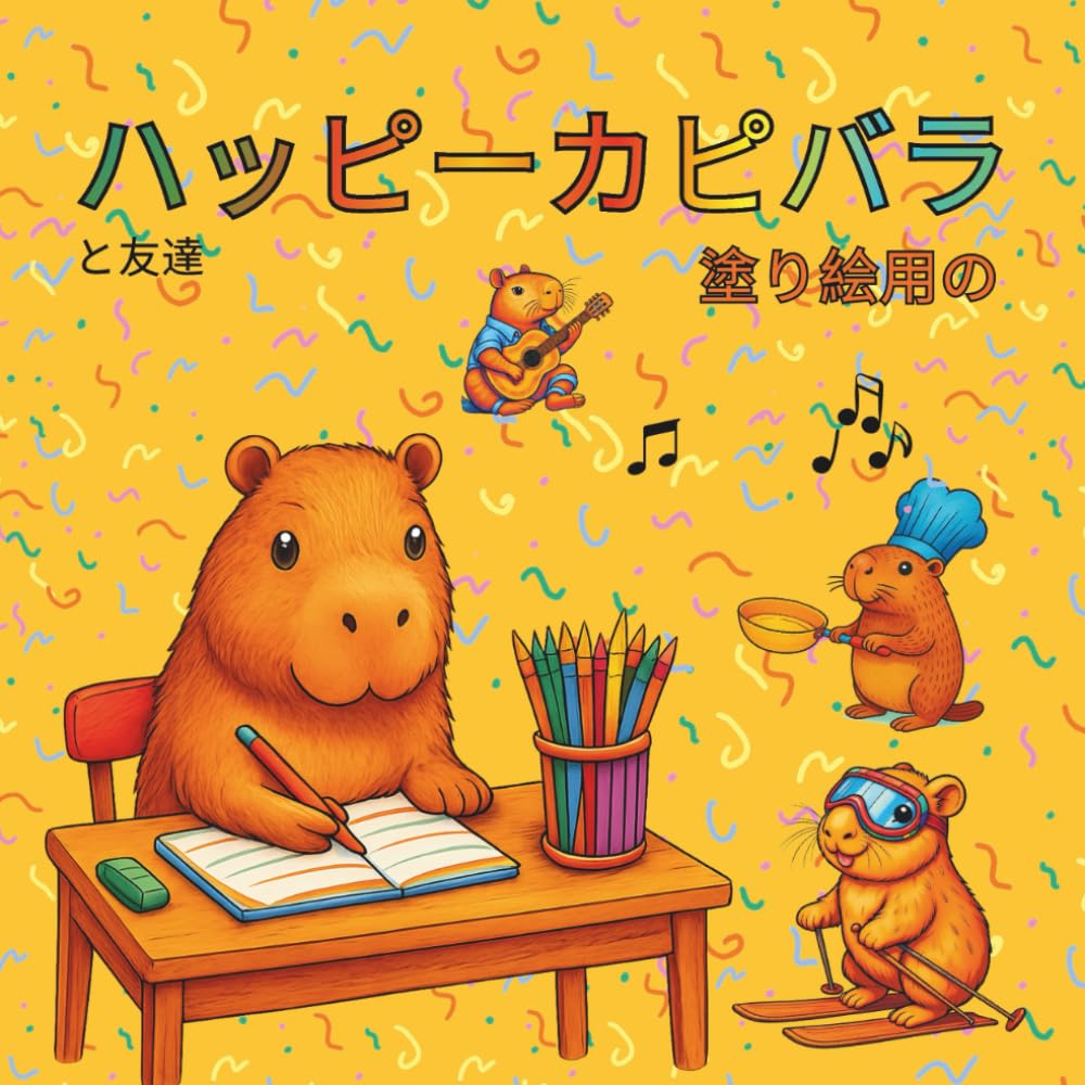 塗り絵用のハッピーカピバラ: 100点の可愛いイラストを収録した塗り絵本で、楽しみながらリラックスし、かわいさと冒険に満ちた世界に浸れます。対象年齢：3～11歳。