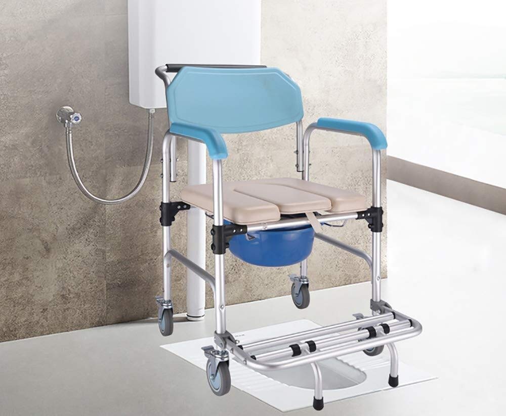 Sgabello per Doccia, Sedile per Doccia, Sedia Mobile per WC/Doccia, Sedile per WC Spesso, Sedia per Doccia con 4 Freni, con Braccioli, Estraibile dal Poggiapiedi, Sedia Comoda