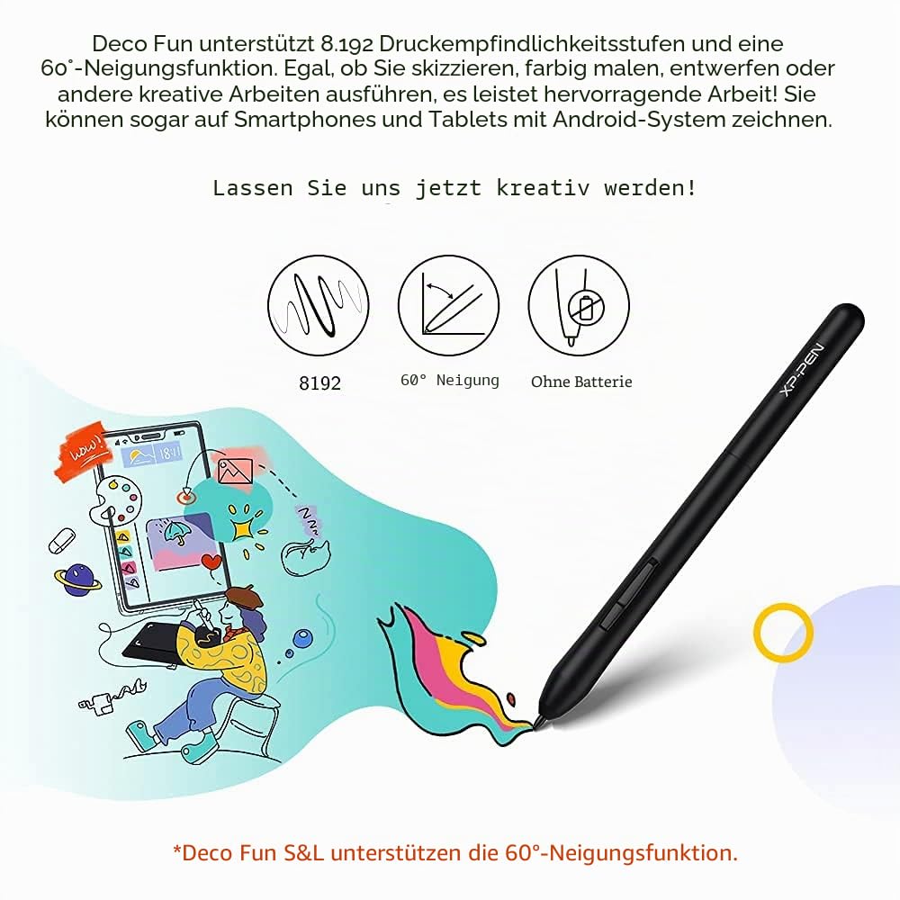 XP-Pen Deco Fun L Grafiktablett, 25,4 x 15,2 cm, mit passivem Eingabestift, 8192 Stufen und 60-Grad-Neigungen, kompatibel mit Mac Windows Chrome OS und Android, Schwarz