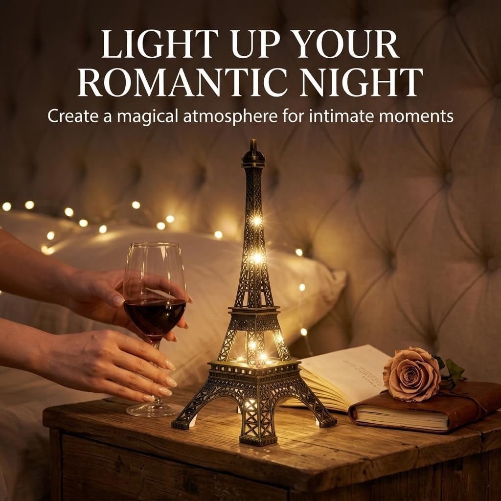 LED Eiffel Tower Lamp, 10inch Romance Eiffel Tower, LED Light Up Eiffel Tower Nightlight （Powered by 3 AA Batteries, Not Included