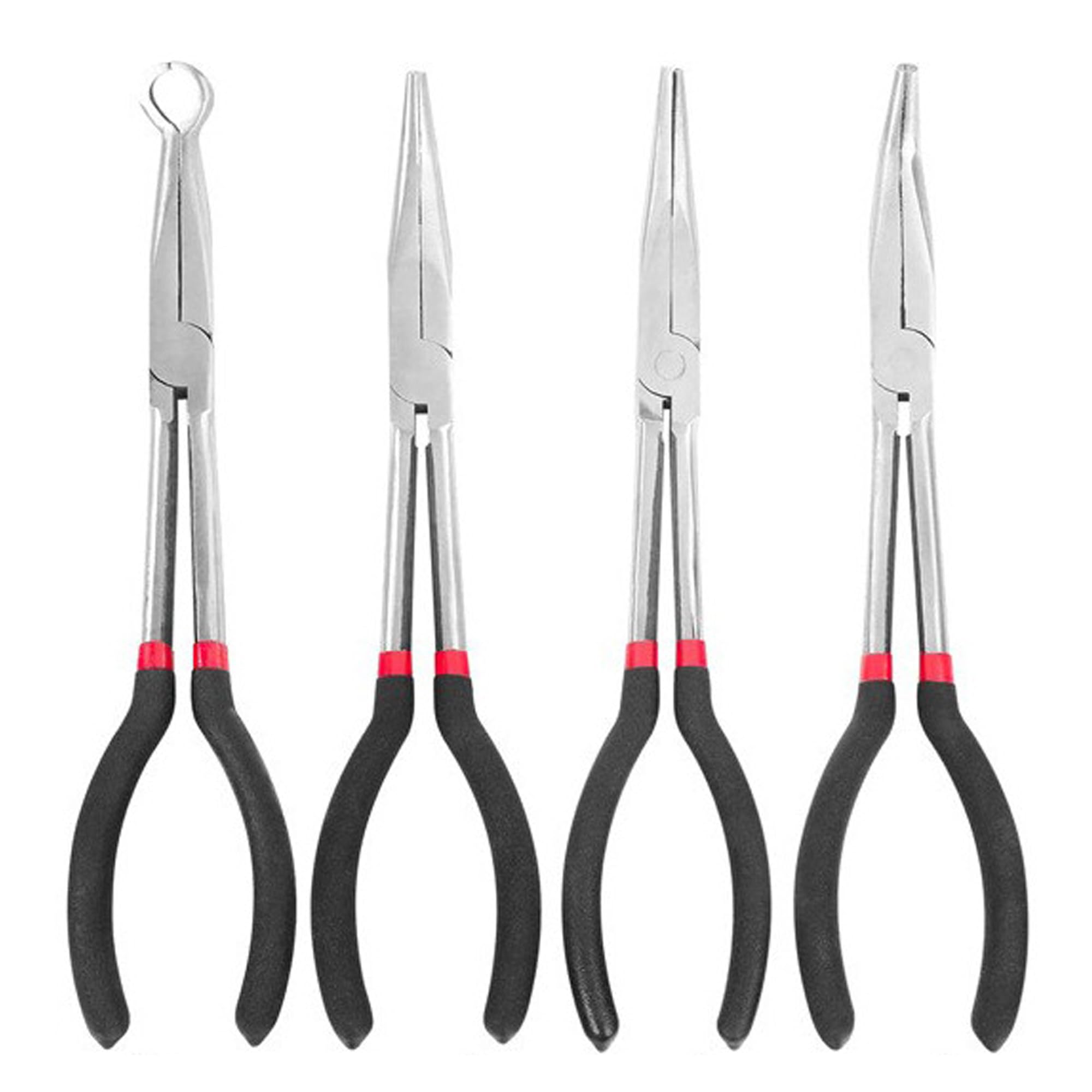 4 alicates de punta larga de 280 mm. Incluye alicates rectos de 45 grados, 90 grados y tipo O para doblar alambre, dar forma y hacer joyas.