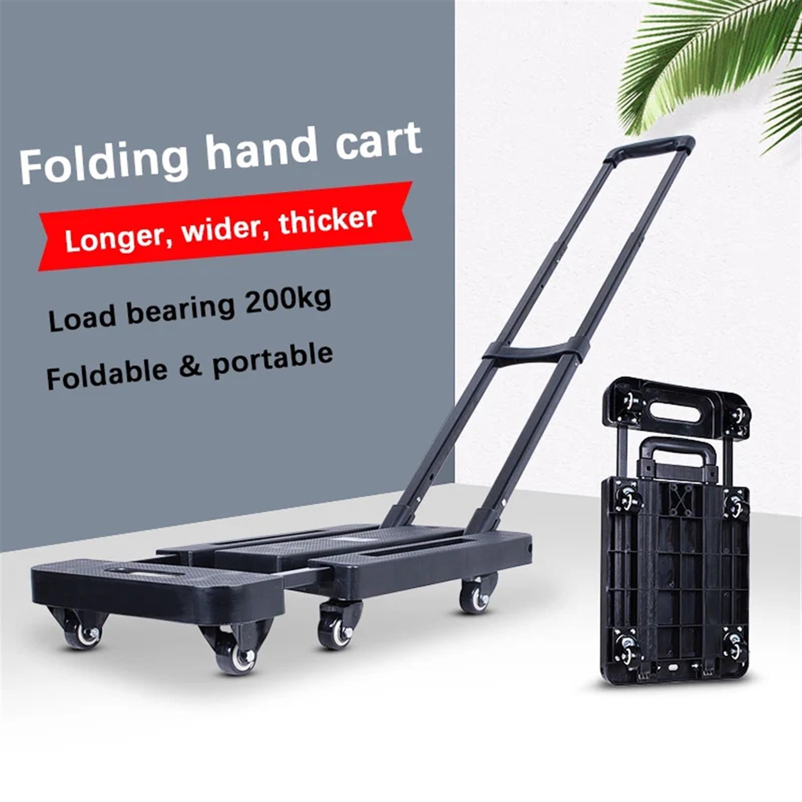 Carrello pieghevole in plastica, capacità 200 kg, 6 ruote, piattaforma piatta resistente per lo spostamento dei bagagli
