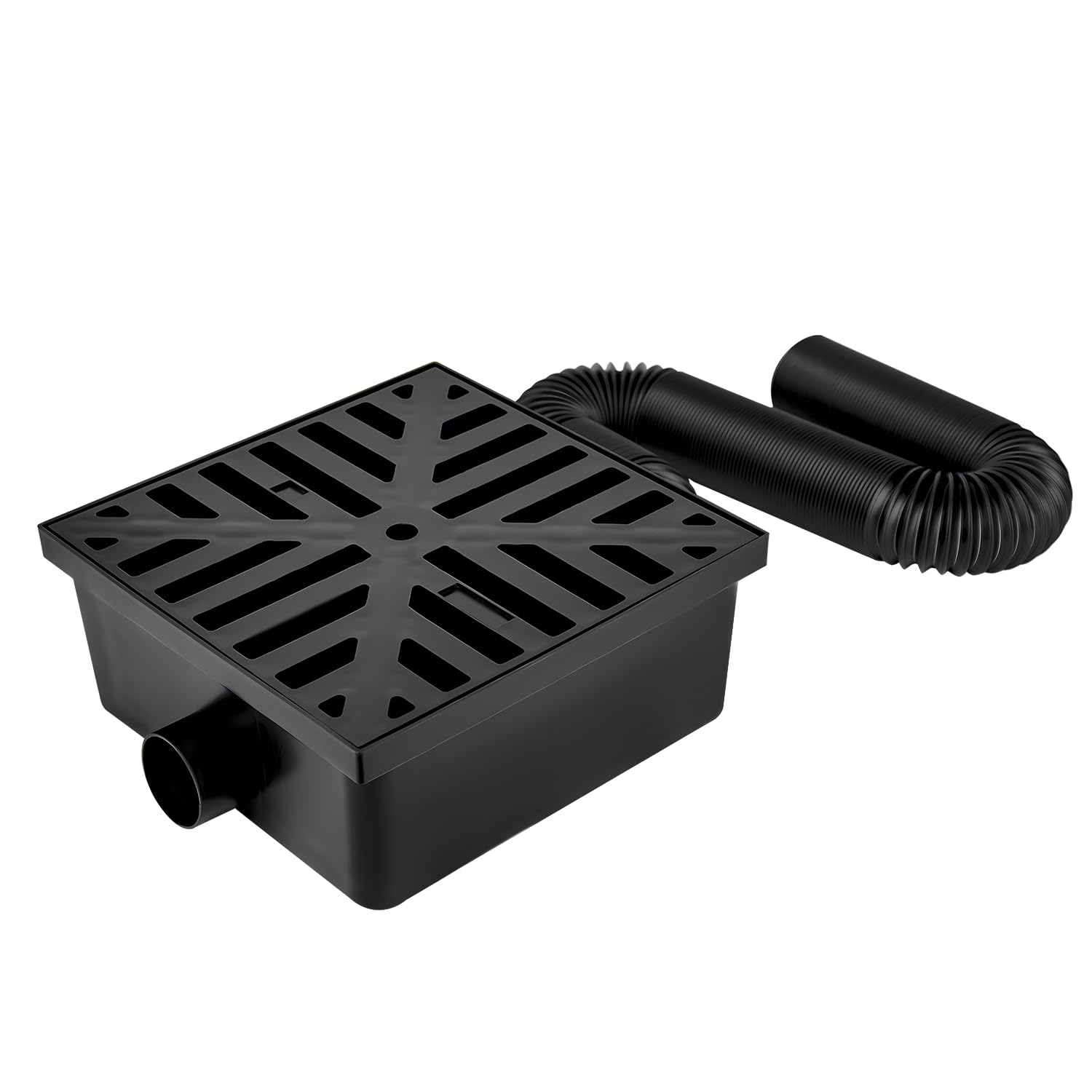 Cuenca de captura de perfil bajo sin excavación de 10 x 10 pulgadas con kit de tubo flexible de 2 pulgadas, negro
